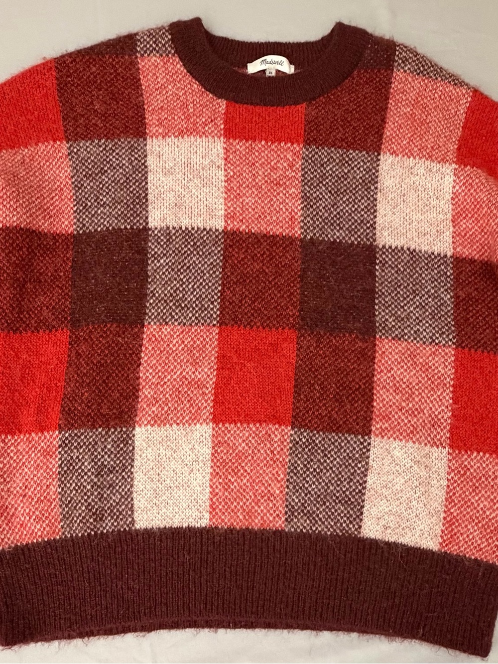 Madewell Red and Burgundy Plaid Alpaca Blend Crewneck Sweater